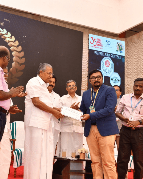 Dr. Noel Jacob Kaleekkal, Assistant Professor, Chemical Engineering, receiving the 'Kerala State Young Scientist Award' from the Hon'ble Chief Minister of Kerala Sri. Pinarayi Vijayan